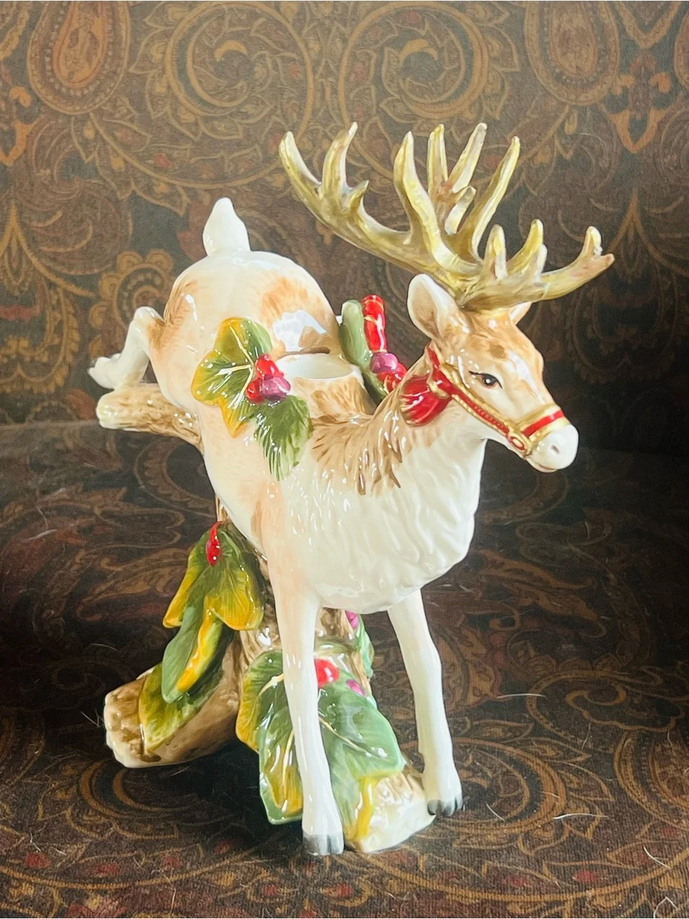 Fitz and Floyd Christmas Reindeer Festive Candle Holder Figurine